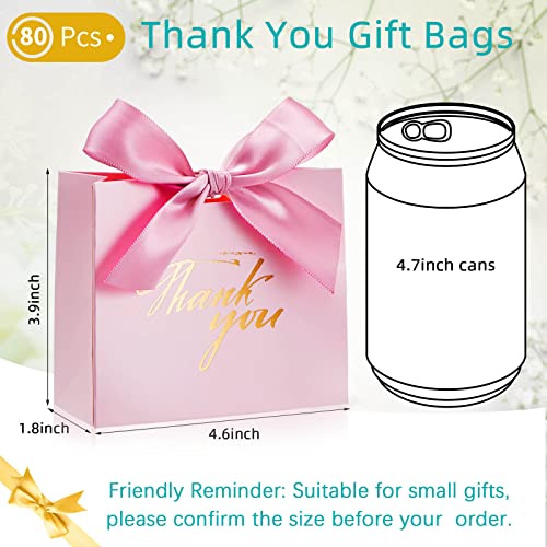 80 Pack Small Thank You Gift Bags Boxes Mini Pink Party Favor Gift Bags with Pink Bow Ribbon Treat Boxes Mini Paper Bags for Wedding Baby Shower Party Favors Bridesmaid Celebration