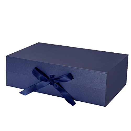 WRAPAHOLIC 2Pcs Navy Gift Box with Satin Ribbon, 14x9x4.5 Inches Collapsible Gift Box with Magnetic Closure for Party, Wedding, Gift Wrap, Bridesmaid Proposal, Storage