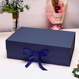 WRAPAHOLIC 2Pcs Navy Gift Box with Satin Ribbon, 14x9x4.5 Inches Collapsible Gift Box with Magnetic Closure for Party, Wedding, Gift Wrap, Bridesmaid Proposal, Storage