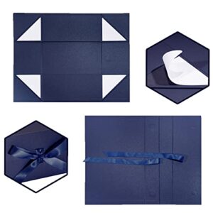 WRAPAHOLIC 2Pcs Navy Gift Box with Satin Ribbon, 14x9x4.5 Inches Collapsible Gift Box with Magnetic Closure for Party, Wedding, Gift Wrap, Bridesmaid Proposal, Storage