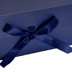 WRAPAHOLIC 2Pcs Navy Gift Box with Satin Ribbon, 14x9x4.5 Inches Collapsible Gift Box with Magnetic Closure for Party, Wedding, Gift Wrap, Bridesmaid Proposal, Storage