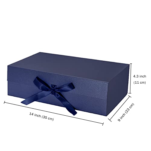 WRAPAHOLIC 2Pcs Navy Gift Box with Satin Ribbon, 14x9x4.5 Inches Collapsible Gift Box with Magnetic Closure for Party, Wedding, Gift Wrap, Bridesmaid Proposal, Storage