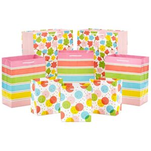 hallmark spring gift bags in assorted sizes (8 bags: 3 small 6″, 3 medium 9″, 2 large 13″) polka dots, rainbow stripes, flowers for birthdays, easter, baby showers, gender reveal parties