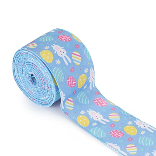 Easter Ribbon for Gift Wrapping DIY Crafts Decoration, Spring Easter Bunny Eggs Printed Wired Edge Ribbons, 2.5" x 10 Yards, Blue