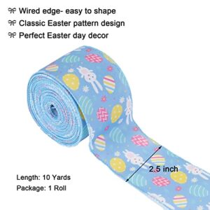 Easter Ribbon for Gift Wrapping DIY Crafts Decoration, Spring Easter Bunny Eggs Printed Wired Edge Ribbons, 2.5" x 10 Yards, Blue