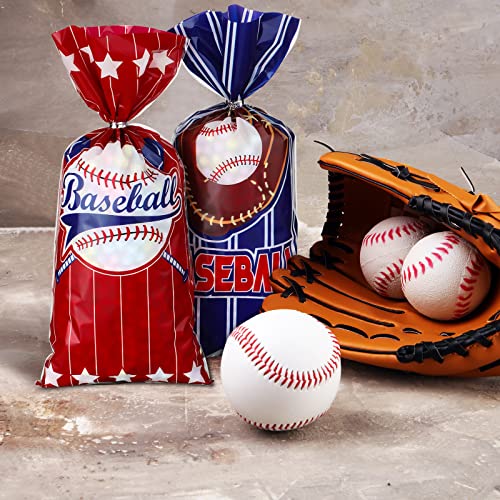 HOTOP 100 Pcs Baseball Cellophane Bags Baseball Party Favors Baseball Gift Treat Bags Baseball Goodie Candy Snack Bags with Ties Baseball Birthday Party Decorations Supplies Baby Shower Party Serves