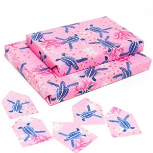 CENTRAL 23 - Pink Wrapping Paper - Blue Turtles - Birthday Gift Wrap - 6 Sheets - For Girls Women Females - Recyclable