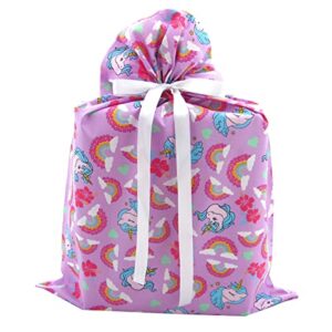 vzwraps unicorn and rainbows reusable fabric gift bag for birthdays, baby showers, or any occasion (large, 20 inches wide by 27 inches high)