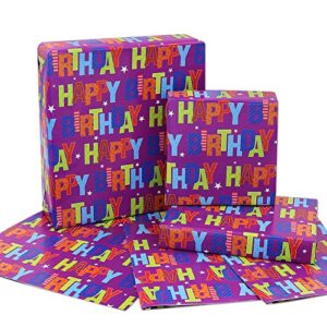 happy birthday wrapping paper for kids girls boys women men, purple birthday gift wrapping paper, wrapping paper birthday 6 sheets folded flat 20×28 inches per sheet