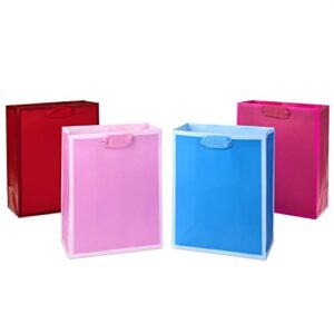 Hallmark 9" Medium Solid Color Gift Bags - Pack of 4 in Red, Blue, Light Pink and Hot Pink for Birthdays, Baby Showers, Retirements or Any Occasion