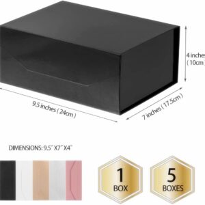 PACKGILO 1PCS Black Gift Box with Ribbon 9.5x7x4 Inches，Sturdy Gift Box with Lid for Gift Packaging, Foldable Magnetic Closure Storage Boxes, Bridesmaid proposal box, Rectangle Collapsible Box