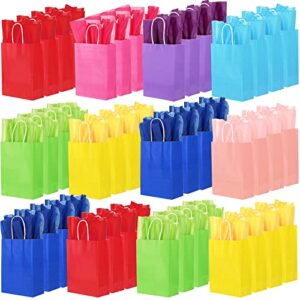 96 pcs valentine gift bags with 96 tissues papers 8 colors bulk party favor bags with handles small rainbow goodie bags colorful paper bags colored gift wrap bags for birthday, baby shower, wedding