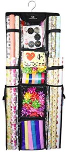 freegrace double sided hanging gift wrap organizer | large 16″ x 41″ wrapping paper rolls storage bag | tearproof & space saving closet gift bag organization solution (black)