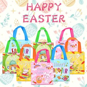 AOKE 8PCS Easter Gift Bags, Easter Reusable Non-Woven Bags with Handle, Easter Bunny Tote Bags Candy Egg Hunt Bags for Easter Party Favors, 4 Colors