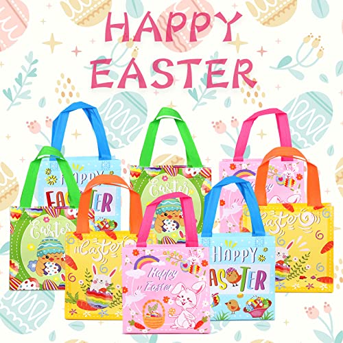 AOKE 8PCS Easter Gift Bags, Easter Reusable Non-Woven Bags with Handle, Easter Bunny Tote Bags Candy Egg Hunt Bags for Easter Party Favors, 4 Colors