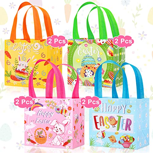 AOKE 8PCS Easter Gift Bags, Easter Reusable Non-Woven Bags with Handle, Easter Bunny Tote Bags Candy Egg Hunt Bags for Easter Party Favors, 4 Colors