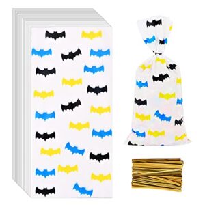 lecpeting 100 pcs bat treat bags bat print cellophane candy bags plastic goodie storage bags bat hero party favor bags with twist ties for kids hero theme birthday party supplies