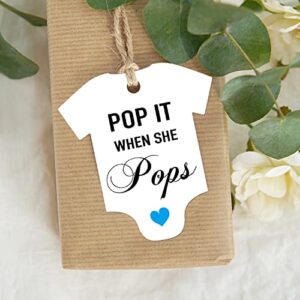 pop it when she pops bottle tags, baby shower mini champagne beer wine bottle tags, baby shower favor tags with 65 feet golden ribbon, pack of 50
