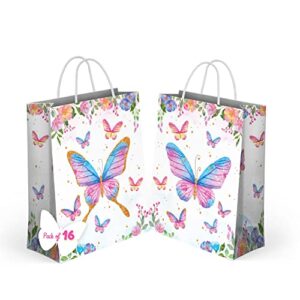 butterfly party bags pack of 16 – printed butterfly gift bags with handles – sturdy butterfly goodie bags for treats & gifts | stylish butterfly candy bags, ideal for any butterfly themed party