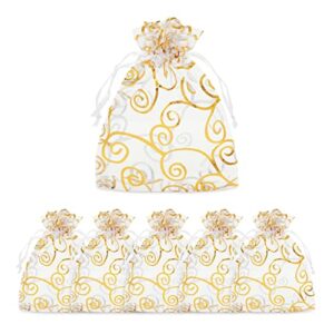 organza gift bags, drawstring pouch, gold swirl design for wedding (120 pack)