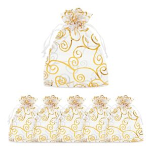 Organza Gift Bags, Drawstring Pouch, Gold Swirl Design for Wedding (120 Pack)