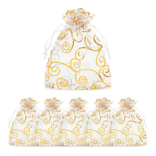 Organza Gift Bags, Drawstring Pouch, Gold Swirl Design for Wedding (120 Pack)