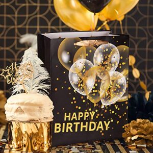 Whaline 10 Pack Birthday Gift Bag, Black Gold Party Favor Bags with Ribbon Handle and 24 Sheets Tissue Paper, Happy Birthday Treat Goodie Bags for Birthday Baby Shower Party Supplies (5 Sizes)