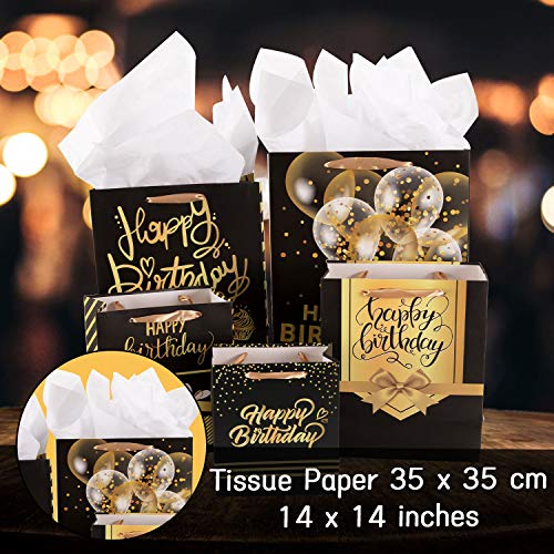 Whaline 10 Pack Birthday Gift Bag, Black Gold Party Favor Bags with Ribbon Handle and 24 Sheets Tissue Paper, Happy Birthday Treat Goodie Bags for Birthday Baby Shower Party Supplies (5 Sizes)
