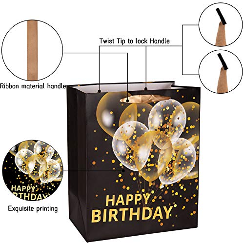 Whaline 10 Pack Birthday Gift Bag, Black Gold Party Favor Bags with Ribbon Handle and 24 Sheets Tissue Paper, Happy Birthday Treat Goodie Bags for Birthday Baby Shower Party Supplies (5 Sizes)