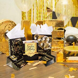 Whaline 10 Pack Birthday Gift Bag, Black Gold Party Favor Bags with Ribbon Handle and 24 Sheets Tissue Paper, Happy Birthday Treat Goodie Bags for Birthday Baby Shower Party Supplies (5 Sizes)