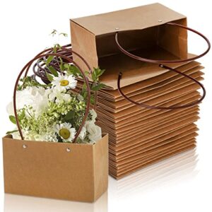 DEAYOU 10-Pack Kraft Paper Flower Gift Bags, Brown Bouquet Bags Box with Handle, Small Brown Paper Carrier Tote Bags with Waterproof Lining for Floral Arrangements, Party Favor, Ultra Thick