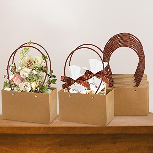 DEAYOU 10-Pack Kraft Paper Flower Gift Bags, Brown Bouquet Bags Box with Handle, Small Brown Paper Carrier Tote Bags with Waterproof Lining for Floral Arrangements, Party Favor, Ultra Thick