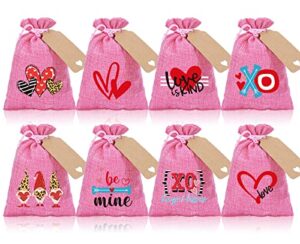 whaline 24 pack valentine’s day burlap bags pink drawstring bags with tags and rope heart gnome love xoxo burlap gift bags for valentine’s day party favors wedding bridal shower supplies