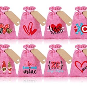 Whaline 24 Pack Valentine's Day Burlap Bags Pink Drawstring Bags with Tags and Rope Heart Gnome Love XOXO Burlap Gift Bags for Valentine's Day Party Favors Wedding Bridal Shower Supplies