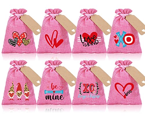 Whaline 24 Pack Valentine's Day Burlap Bags Pink Drawstring Bags with Tags and Rope Heart Gnome Love XOXO Burlap Gift Bags for Valentine's Day Party Favors Wedding Bridal Shower Supplies