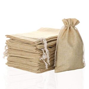 50 pcs burlap gift bags 5×8 inch, linen sacks bag with drawstring for gifts candy small items, reusable jewelry pouches for art diy craft coffee present wedding favors household use, brown
