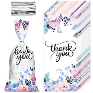 100 pieces floral thank you treat bags floral cellophane bags blessing candy bag flower pattern cello treat bags with 150 pieces silvery twist ties for chocolate candy snacks cookies birthday party