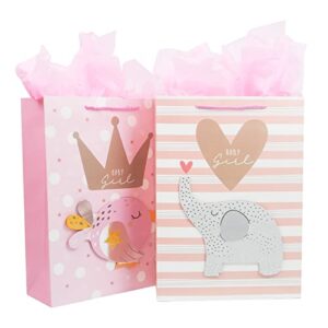 ldgooael 16″ large gift bag with tissue paper for baby shower – 2 pack (baby girl, pink elephant)