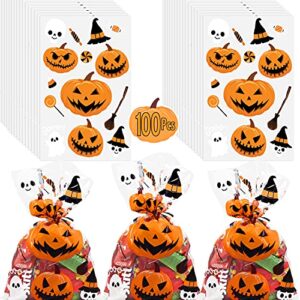anapoliz halloween treat bags | 100 pcs (6” x 9” inch) |2.5 mil crystal clear cellophane bags with halloween designs | pumpkins, witches cello bags | halloween party decorations, spooky treat bags