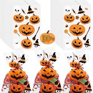 AnapoliZ Halloween Treat Bags | 100 pcs (6” x 9” Inch) |2.5 Mil Crystal Clear Cellophane Bags with Halloween Designs | Pumpkins, Witches Cello Bags | Halloween Party Decorations, Spooky Treat Bags