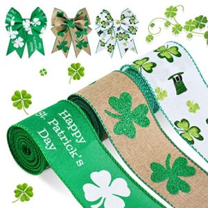 toniful 3 roll green and white wired burlap ribbon, 2.5 inch x 6yd, green shamrock leaves good luck clover wired ribbons for st patrick’s day decor，spring summer wreath bows crafts gift wrapping