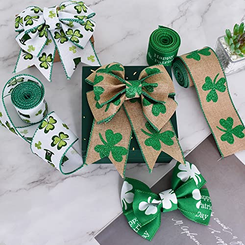 TONIFUL 3 roll Green and White Wired Burlap Ribbon, 2.5 inch x 6yd, Green Shamrock Leaves Good Luck Clover Wired Ribbons for St Patrick's Day Decor，Spring Summer Wreath Bows Crafts Gift Wrapping