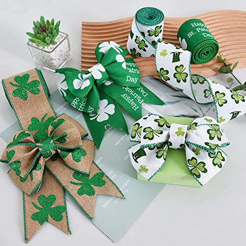 TONIFUL 3 roll Green and White Wired Burlap Ribbon, 2.5 inch x 6yd, Green Shamrock Leaves Good Luck Clover Wired Ribbons for St Patrick's Day Decor，Spring Summer Wreath Bows Crafts Gift Wrapping