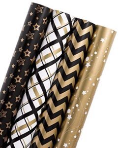 wrapaholic wrapping paper roll – black gold design for birthday, holiday, baby shower – 4 rolls – 30 inch x 120 inch per roll