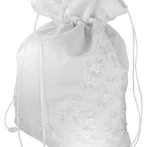 Satin Bridal Wedding Money Bag (#E1D4MBwh) in LARGE Size with Pearl-Embellished Floral Lace for Receiving Envelopes and Cards, Bridal Purse, and Other Special Occasions