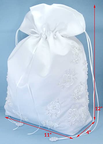 Satin Bridal Wedding Money Bag (#E1D4MBwh) in LARGE Size with Pearl-Embellished Floral Lace for Receiving Envelopes and Cards, Bridal Purse, and Other Special Occasions