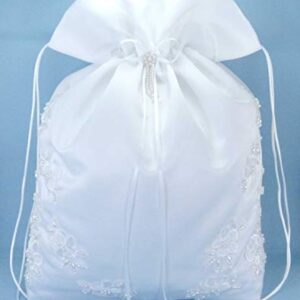 Satin Bridal Wedding Money Bag (#E1D4MBwh) in LARGE Size with Pearl-Embellished Floral Lace for Receiving Envelopes and Cards, Bridal Purse, and Other Special Occasions