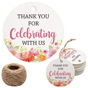 thank you for celebrating with us tags, 100pcs floral thank you tags for wedding birthday baby shower party favors, paper gift tags with 100 feet jute string
