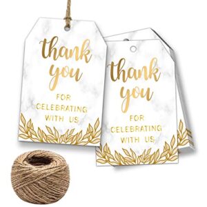 thank you for celebrating with us tags, 100pcs marble pattern thank you gift tags with 100 feet natural jute twine for wedding, birthday, baby shower party favors, paper gift tags.
