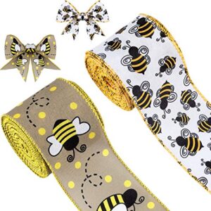 2 rolls 20 yards bee wired edge ribbons honeybee canvas wired edge ribbons black yellow wired edge ribbon for diy craft wrapping floral hanging ornaments, 2 styles